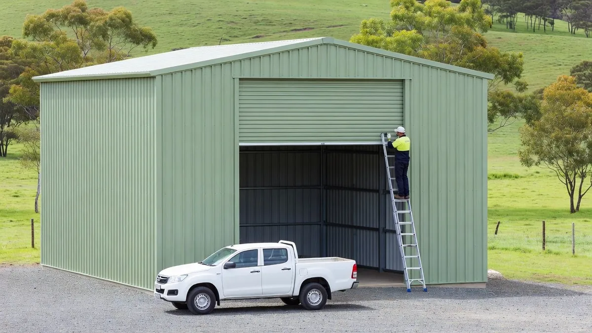 A technician on a ladder at the side of a large roller door on a green steel shed in open paddock country, a white ute parked in front
