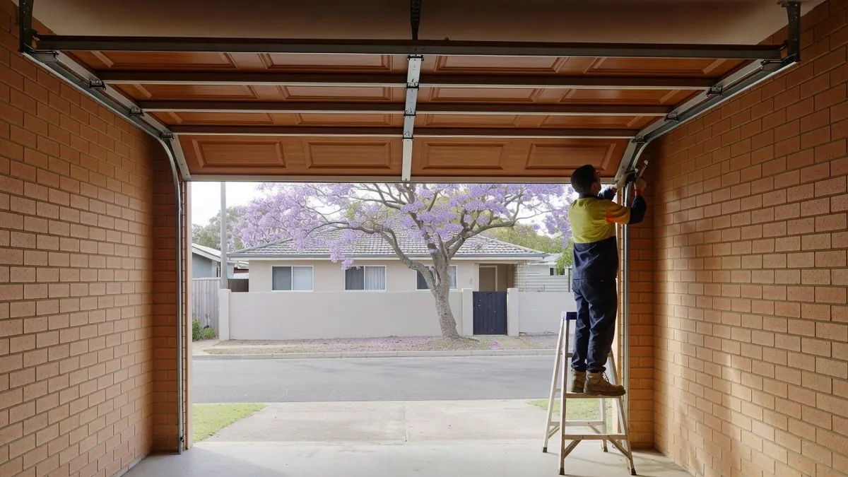 A technician in hi-vis on a step ladder at the side track of a half-open woodgrain sectional door, a jacaranda across the street