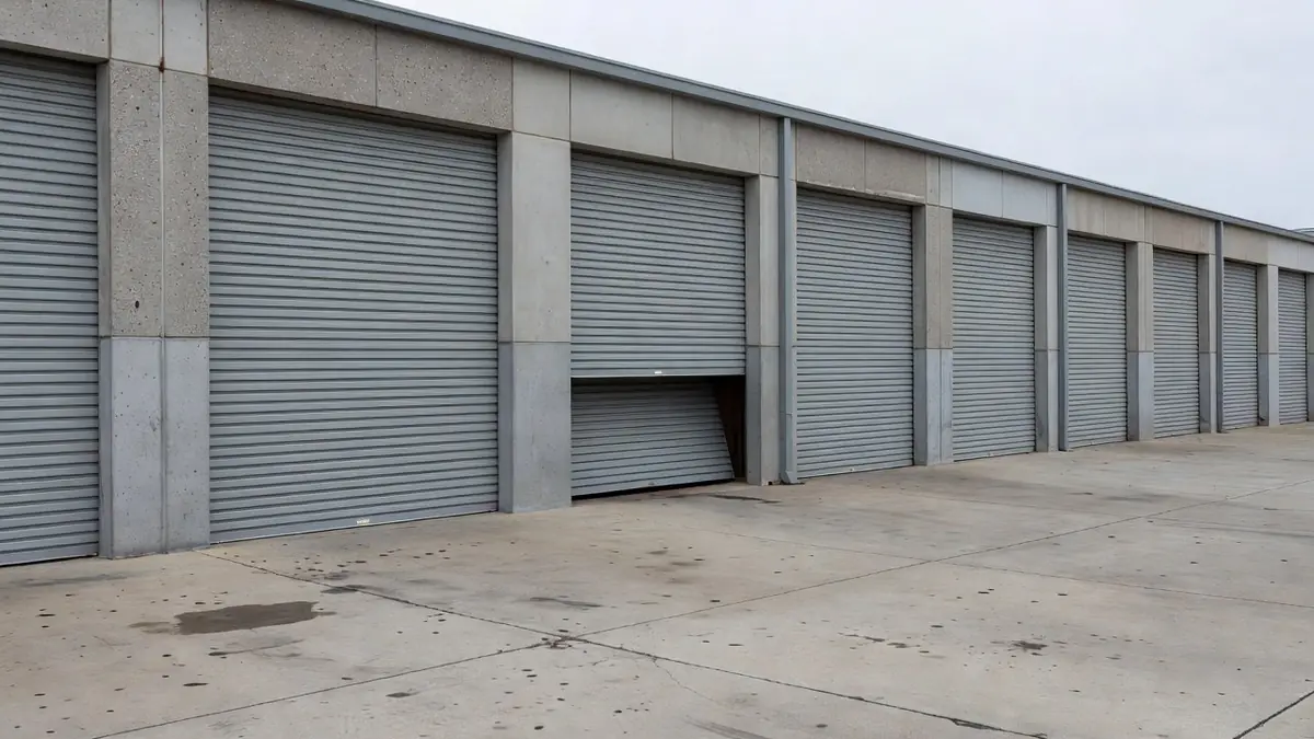 A row of light-industrial units with roller shutters, one sitting crooked in its guide