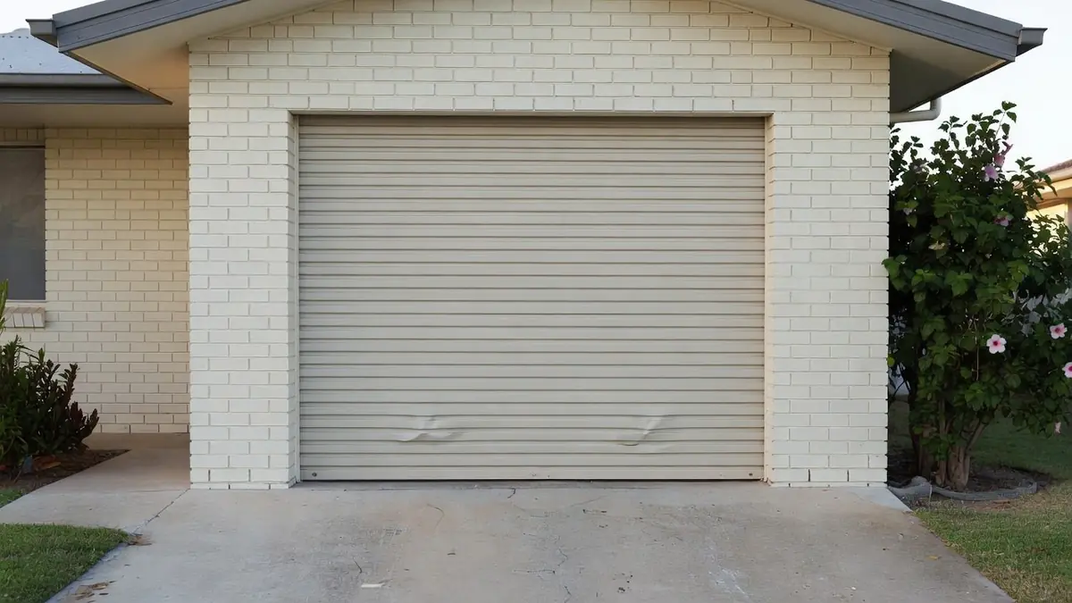 A roller door curtain dented across two slats at about car-bumper height