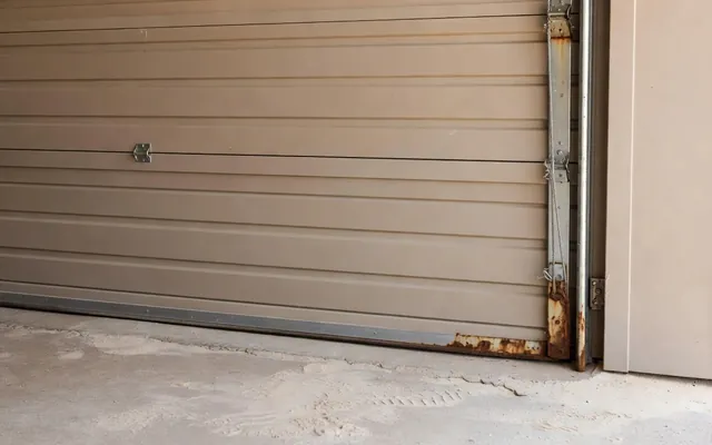 A rusted bottom bracket and bottom rail at the corner of a sectional garage door
