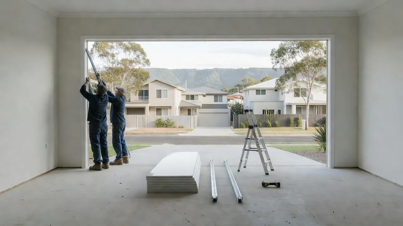 Two technicians fitting a vertical track at the side of an empty garage opening, new door panels and tracks on the slab, hills behind the street